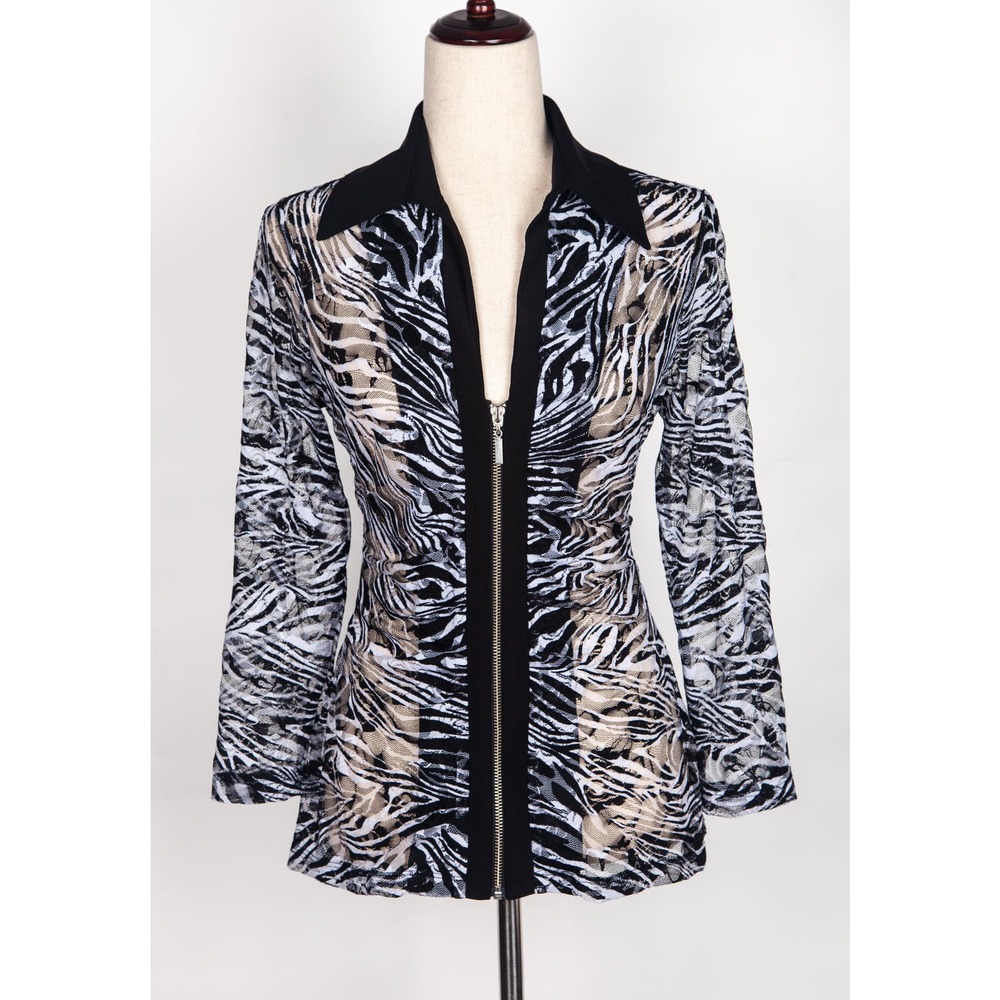 Women's Dressy Sheer Blouse Size S Zip Up Zebra Animal Print Black White NWT